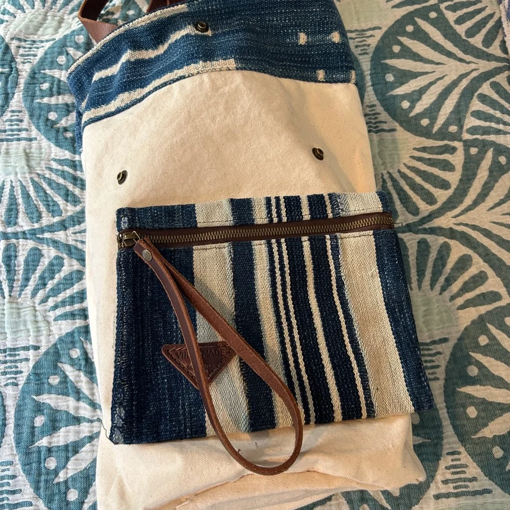 West African Mud Cloth Mali Barrel Bucket Bag Genuine Leather Hand Crafted
